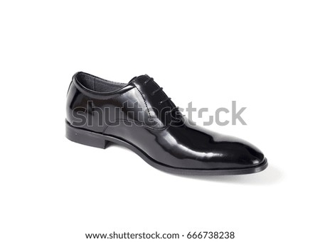 Male Black Classic Shoe on White Background, Isolated Product, Top View, Studio.