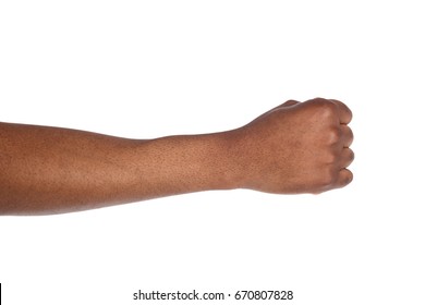Male Black Fist Isolated On White Background. African American Clenched Hand, Gesturing Away. Counting, Aggression, Brave, Masculinity Concept