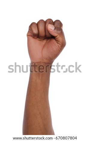 Male black fist isolated on white background. African american clenched hand, gesturing up. Counting, aggression, brave, masculinity concept