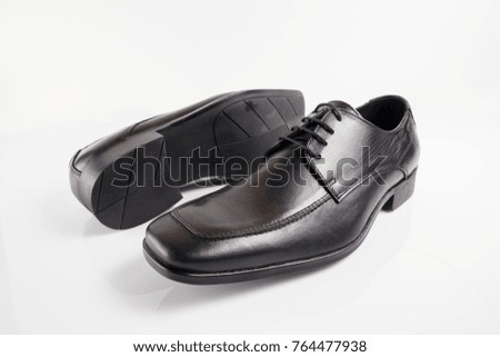 Male black leather elegance shoe on white background, isolated product, footwear.
