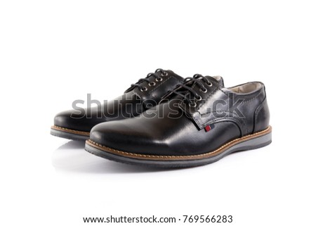 Male black leather elegant shoe on white background, isolated product, comfortable footwear.