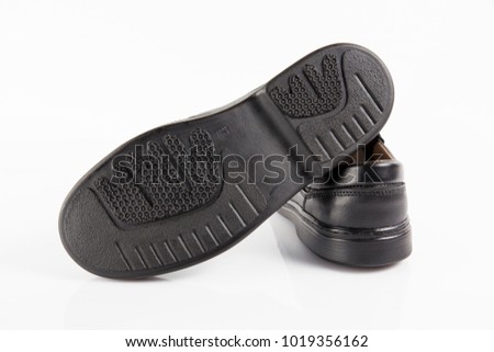 Male black leather shoe on white background, isolated product, comfortable footwear.