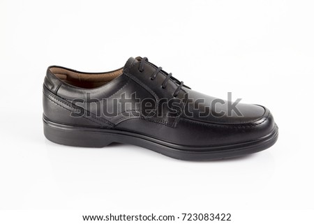 Male Black Leather Shoe on White Background, Isolated Product.