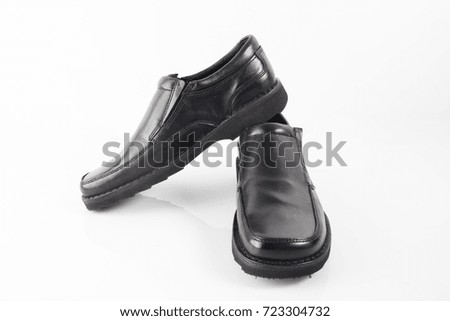 Male Black Leather Shoe on White Background, Isolated Product, Front.
