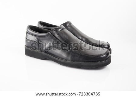 Male Black Leather Shoe on White Background, Isolated Product, Front.