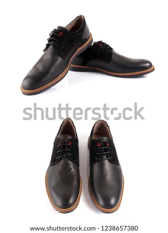 Male black leather shoes on white background, isolated product, comfortable footwear.