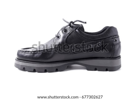 Male Black Shoe on White Background, Isolated Product, Top View, studio.