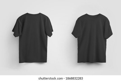 Male black t-shirt mockup, front and back view, blank clothes for design and pattern presentation. Unisex casual wear, on the background. Textile apparel template for men. Set