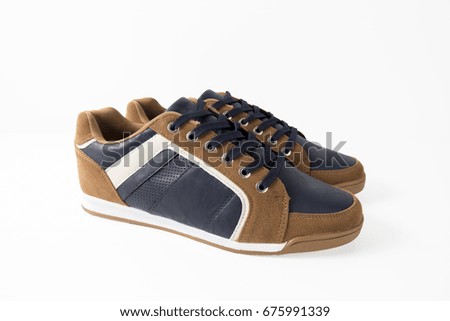 Male Blue and Brown Shoe on White Background, Isolated Product, Top View, Studio.