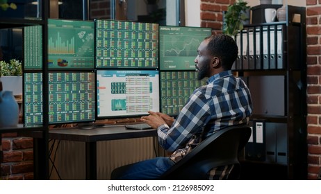 Male Broker Using Forex Trade Exchange Statistics On Multiple Monitors, Working With Market Charts And Real Time Stocks Sales. Hedge Fund Profit Share To Buy And Sell Money. Tripod Shot.