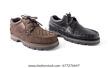 Male Brown and Black Shoe on White Background, Isolated Product, Top View, Studio.