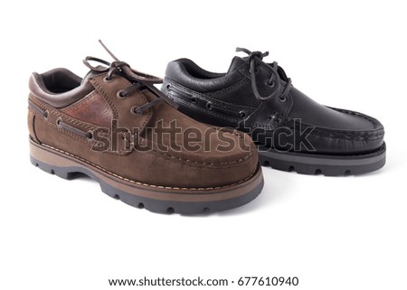 Male Brown and Black Shoe on White Background, Isolated Product, Top View, Studio.