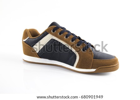 Male Brown and Blue shoe on White Background, Isolated Product, Top View, Studio.