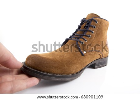 Male Brown Boots on White Background, Isolated Product, Top View, studio.