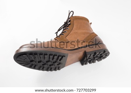 Male Brown Leather Boot on White Background, Isolated Product.