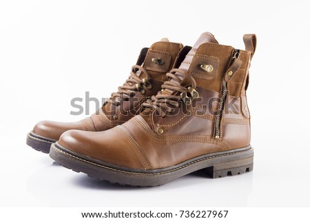 Male brown leather elegant boot on white background, isolated product.