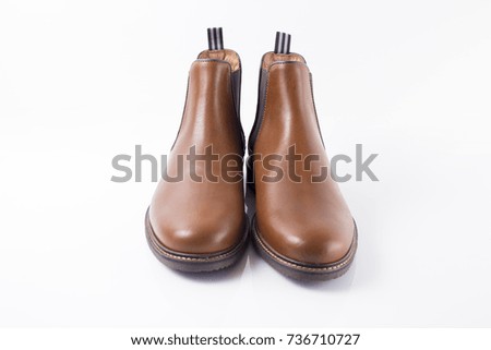 Male brown leather elegant boot on white background, isolated product, Front.