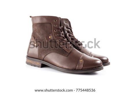 Male brown leather elegant boot on white background, isolated product, comfortable footwear.