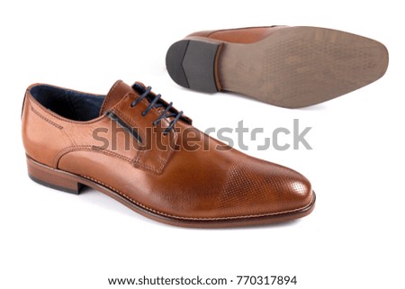 Male brown leather elegant shoe on white background, isolated product, comfortable footwear.