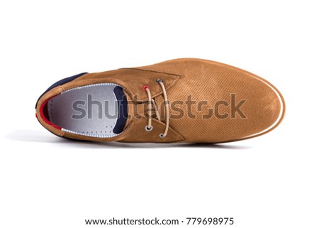 Male brown leather elegant shoe on white  background, isolated product, comfortable footwear.