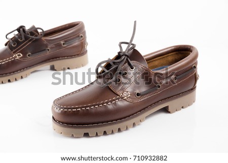 Male Brown Leather Shoe on White Background, Isolated Product.