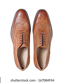 Male Brown Leather Shoes Isolated On A White, Top View