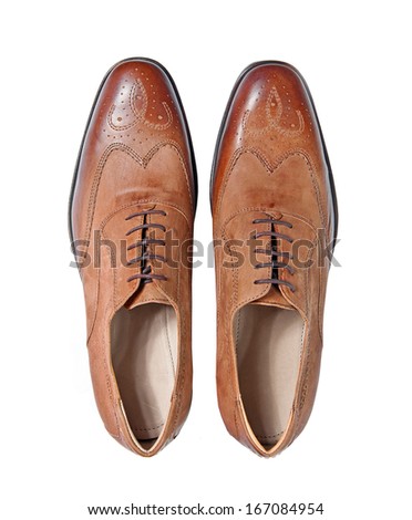 male brown leather shoes isolated on a white, top view