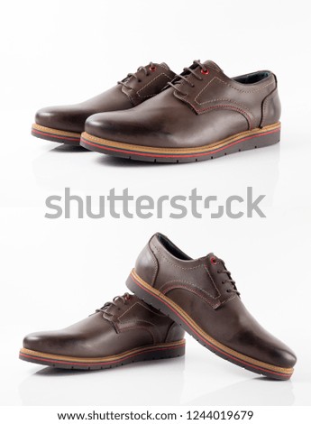 Male brown leather shoes on white background, isolated product, comfortable footwear.