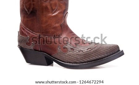 Male brown leather Texas boots on white background, isolated product, comfortable footwear.
