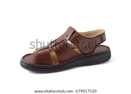 Male Brown Sandal on White Background, Isolated Product, Top View, studio.