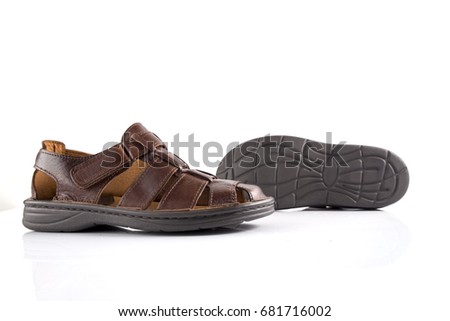 Male Brown Sandal on White Background, Isolated Product, Top View, studio.