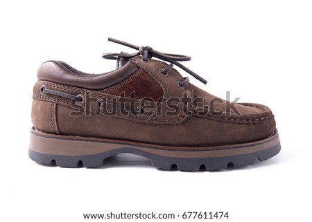 Male Brown Shoe on White Background, Isolated Product, Top View, Studio.