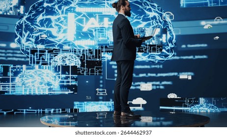 Male business person studies artificial intelligence strategy and automation tools. Surrounded by data visualization, neural networks and cloud computing, he explores smart technology. Camera B.