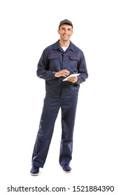 Male Car Mechanic With Tablet Computer On White Background