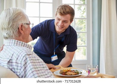 Male care worker serving dinner to a senior man at his home - Shutterstock ID 717312628