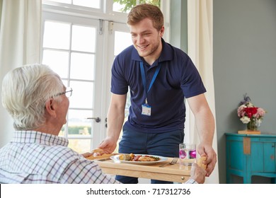 Male care worker serving dinner to a senior man at his home