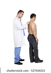 Male Caucasian Doctor In White Lab Coat Examining An Asian Male Patient Isolated On White Background