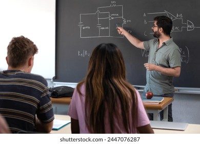 Male caucasian teacher pointing blackboard explaining new concepts to multiracial high school students. Education concept. - Powered by Shutterstock