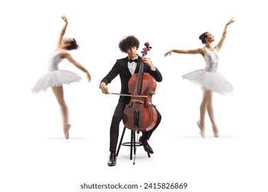Male cellist sitting on a chair and performing and ballerinas dancing in the back isolated on white background