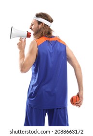 Male Cheerleader With Ball And Megaphone On White Background