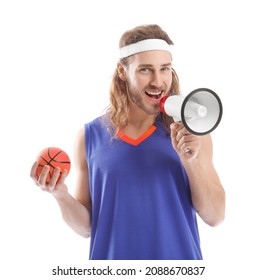 Male Cheerleader With Ball And Megaphone On White Background