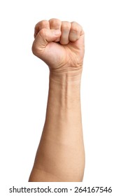Male clenched fist, isolated on a white background Man hand with a fist. Alpha. Protest. - Shutterstock ID 264167546