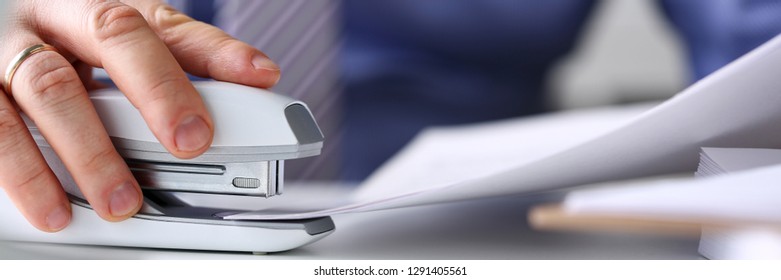 Male Clerk Arm Pin Together Some Papers With Stapler Closeup. Handy Payroll Fastener Bookkeeper Sheet Organization Concept Letterbox View