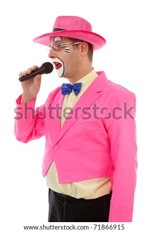 male clown as ringmaster in pink over white background