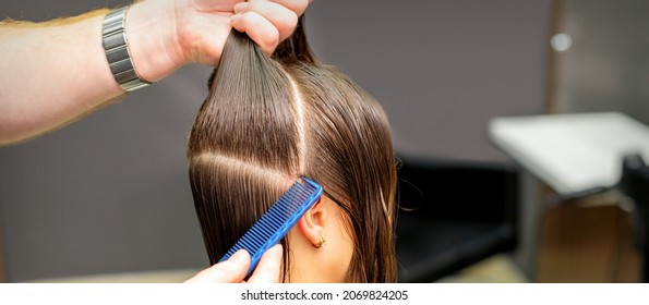 Male Coiffeur Divides Women Hair Into Sections With Comb And Hands In A Beauty Salon