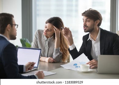 Male Colleagues Argue Having Dispute At Company Briefing, Woman Worker Stay Calm And Peaceful Managing Stress Distracted Form Conflict, Managers Or Partners Disagree On Terms At Meeting