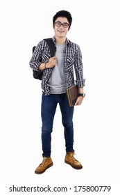 Male College Student Standing On White Background