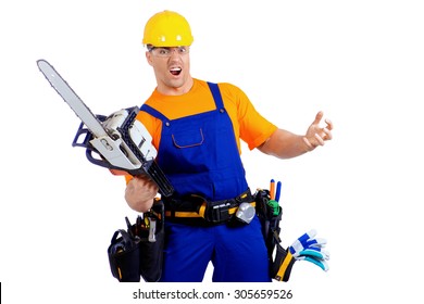 Male construction worker in uniform working with chainsaw. Job, occupation. Isolated over white.  - Powered by Shutterstock