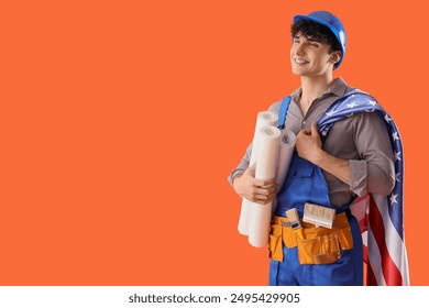 Male construction worker with USA flag and wallpaper on orange background - Powered by Shutterstock