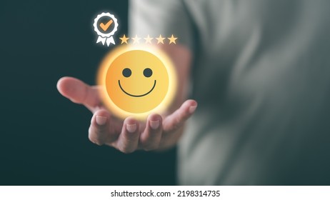 Male Consumers Rate Their Satisfaction And Rate And Review Them Online. Customer Experience Survey Concepts For Services And Products And Customer Engagement